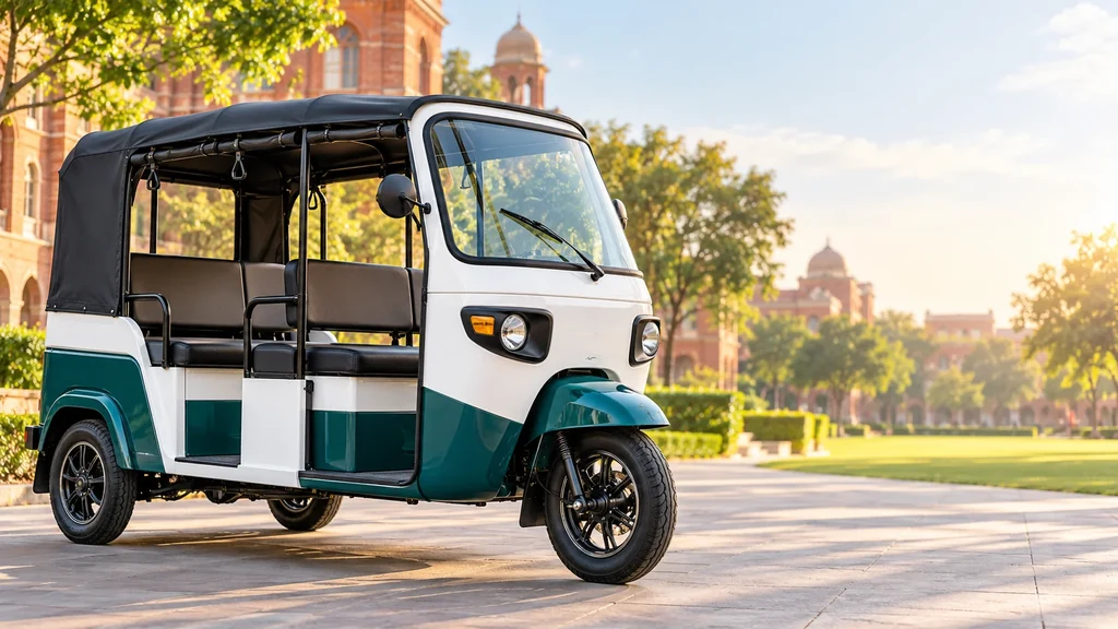 Illustration of a teal electric auto on a landscaped university campus